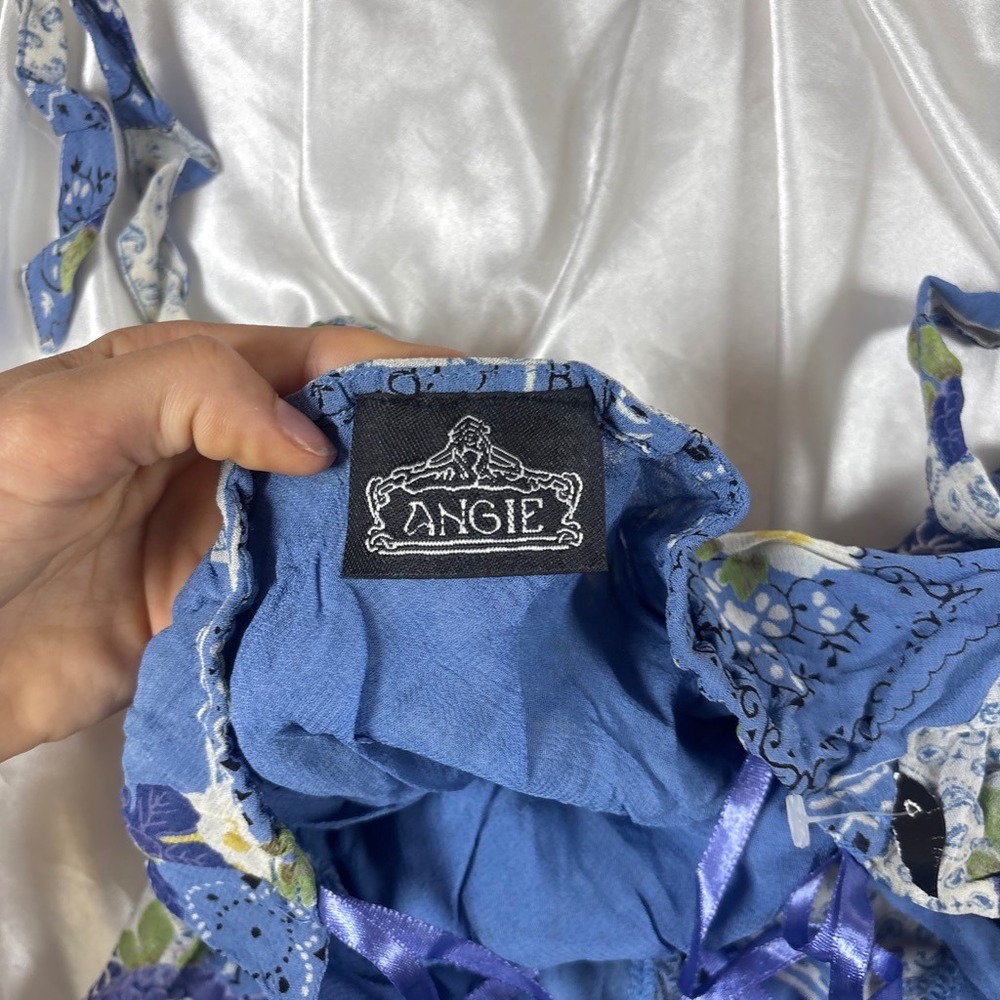 y2k Halter rayon Dress Blue Excellent Patchwork Floral Bandana Lace Trim Angie - Picture 5 of 7